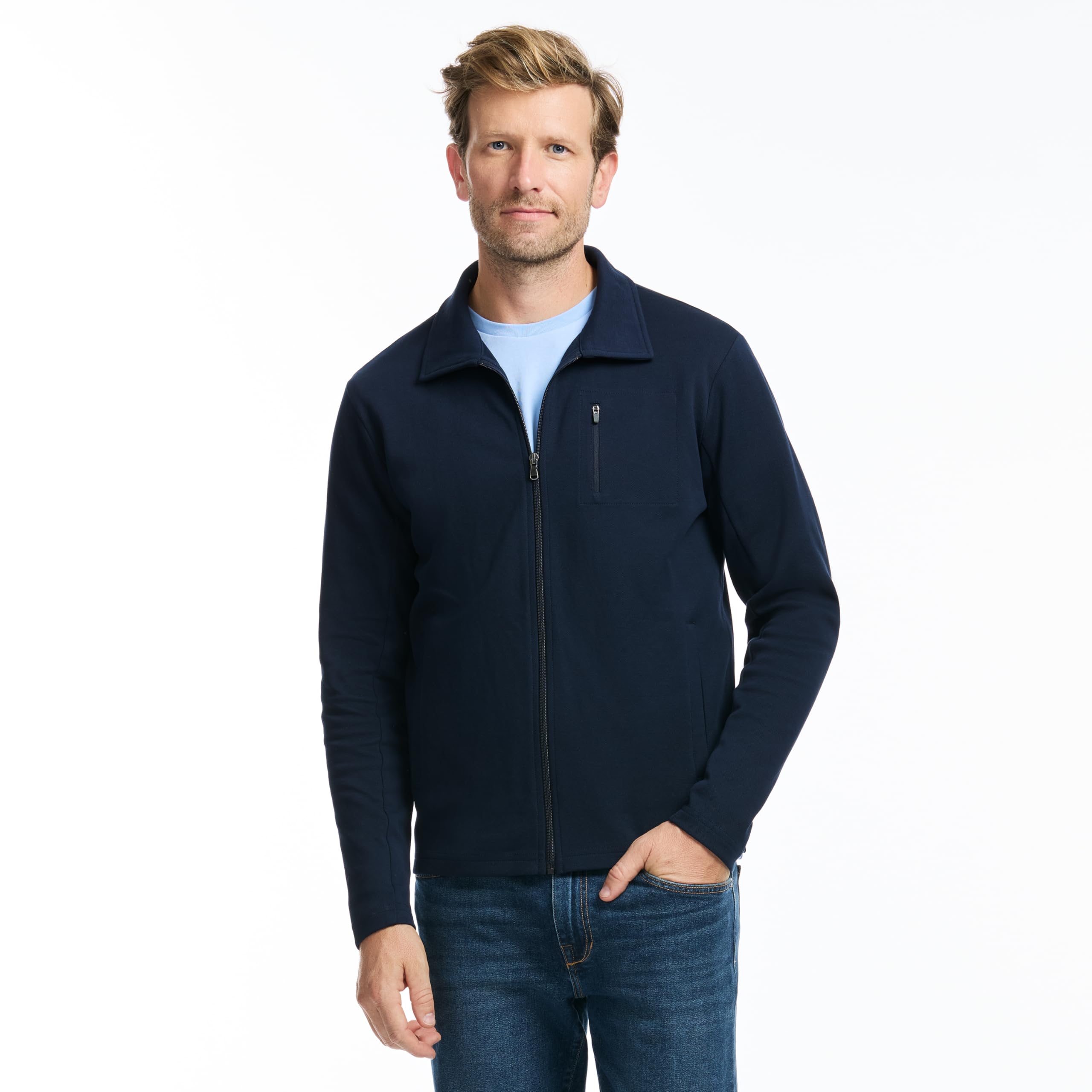 SAKS FIFTH AVENUE Men’s Pique Premium Knit Full Zip, Classic-Fit & Richly Detailed, Navy, XS