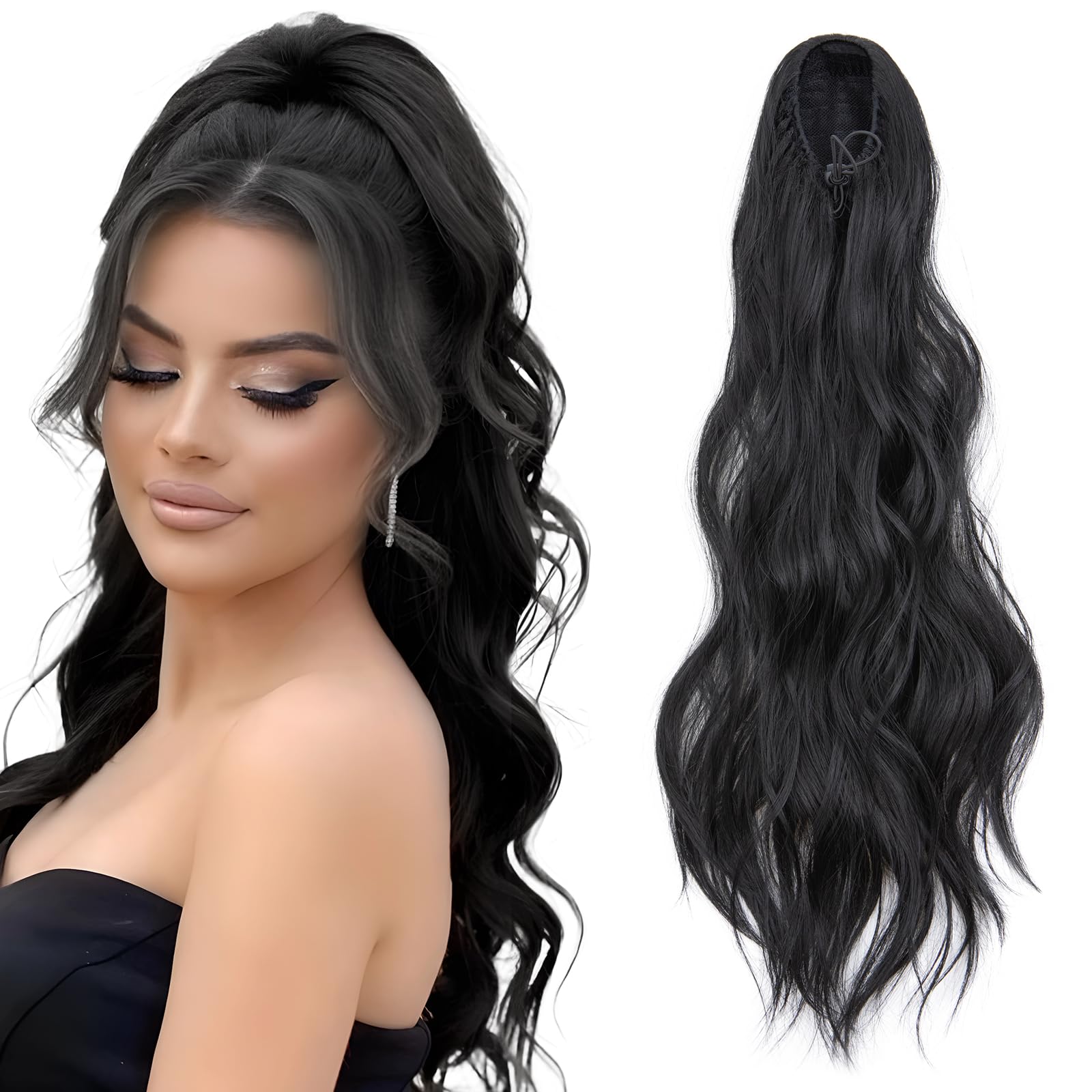 TESS Wavy Ponytail Extension, Drawstring Clip in Ponytail Hair Extensions, Long Hair Extensions Ponytail, 26 Inches 120g, Jet Black — image 1