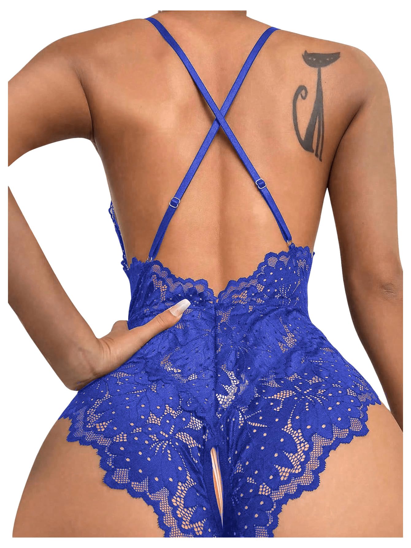 Photo 1 of SOLY HUX Women's One Piece Lingerie Sexy Lace Babydoll Deep V Teddy Criss Cross Backless Teddy Mini Bodysuit Dark Blue