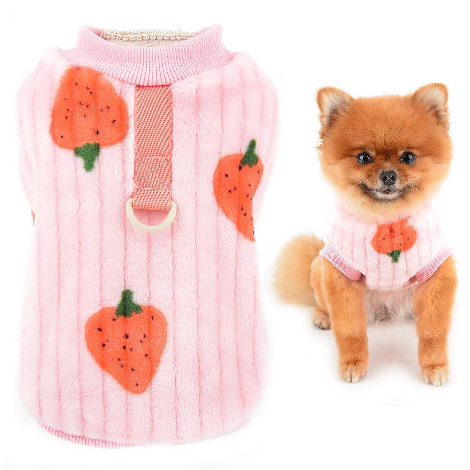 SMALLLEE_LUCKY_STORE Dog Fleece Jumpers for Small Dogs Cat, Pet Pullover Sweatshirt with Strawberry Print and D-ring, Puppy Vest Yorkie Chihuahua Warm Sweater Winter Fall Apparel, Pink, S