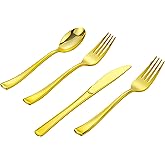ISFANGCO 400PCS Gold Plastic Silverware, Gold Disposable Utensils, Heavy Duty Cutlery Set Includes 200 Forks,100 Knives,100 Spoons, Flatware for Party Wedding
