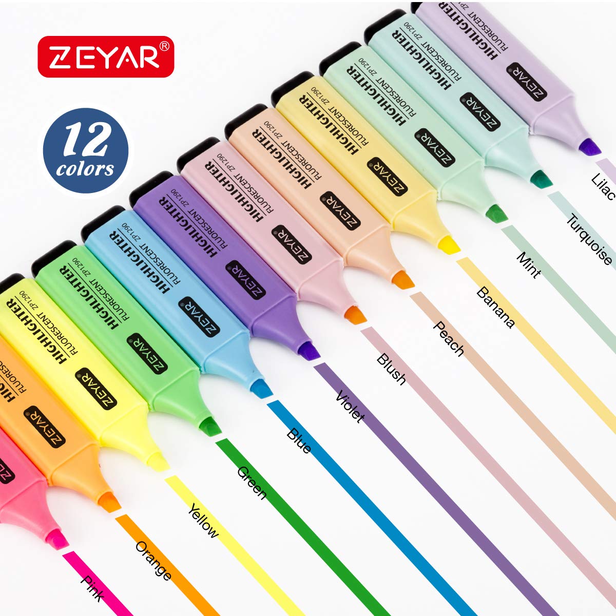 ZEYAR Highlighter, Chisel Tip Marker Pen, AP Certified, Assorted Colors, Water Based, Quick Dry (12 Colors)