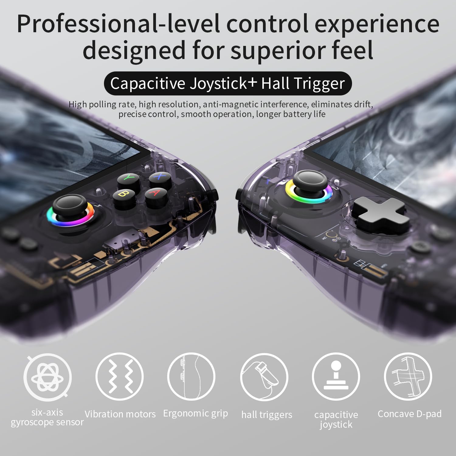 RG557 Retro Handheld Game Console, 5.48 Inch AMOLED Screen Handheld Emulator Android 14 System Dimensity 8300 Processor Support WIFI 6E Bluetooth 5.3(Transparent Purple)