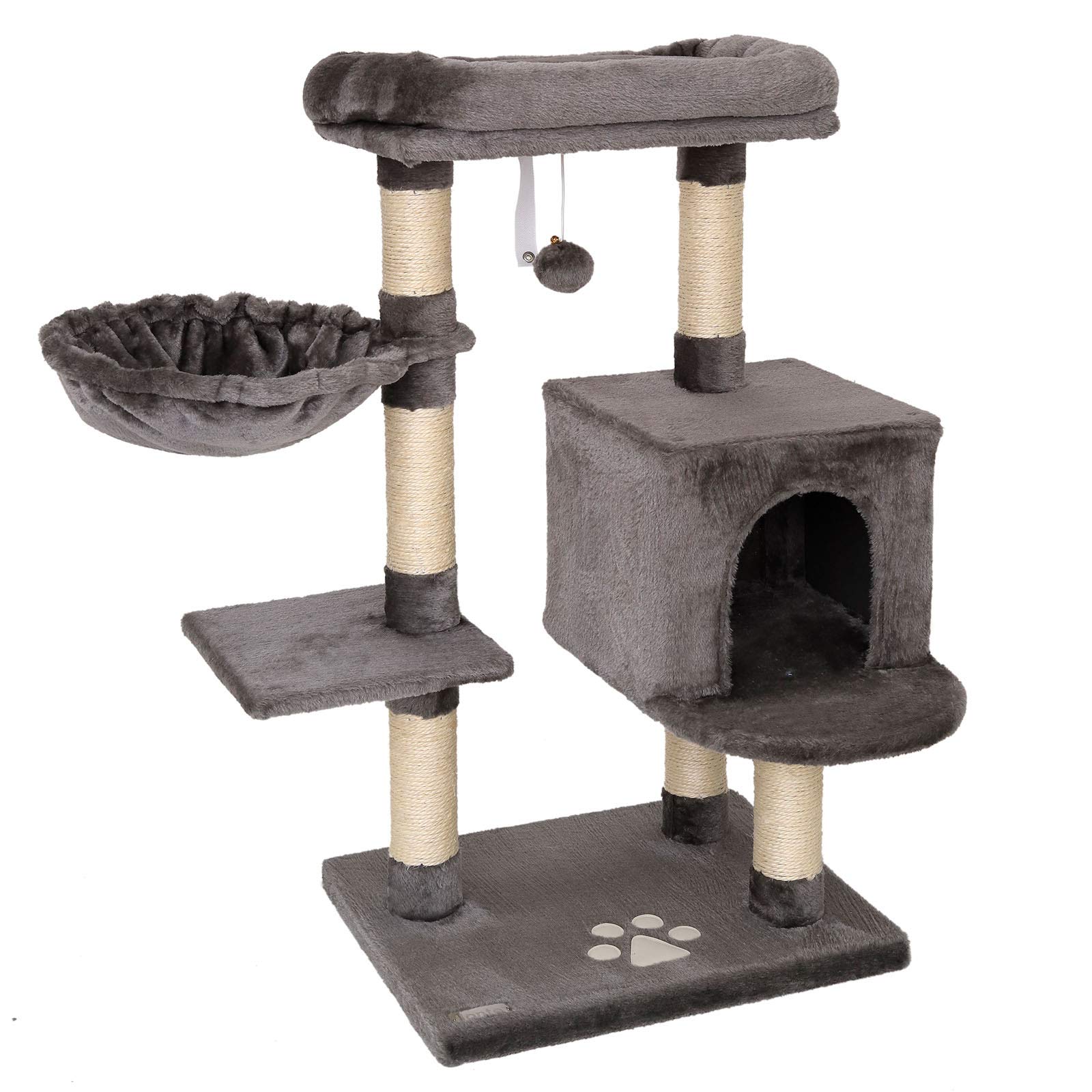 lionto Cat Scratching Post with Plush Ball Including Bell & Wall Bracket, Height 93 cm, Cat Tree with Sisal & Plush, Cosy Lying Surface & Caves, Suitable for Small and Large Cats, Dark Grey