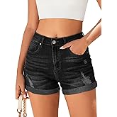 Bosmeer Women's Mid-High Rise Ripped Denim Shorts Stretchy Distressed Jean Shorts with Pockets Folded Hem Casual Summer Jorts