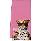 JFFTLL Pink Funny Leopard Wine Kitchen Towels, Cheetah Leopard Gifts for Women Dish Tea Towels for Kitchen Decor, Trendy Preppy Funny Cheetah Drink Wine Decorative Hand Towel, 16x24 Inch