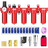 TAILONZ PNEUMATIC 0-150PSI 1/2 Inch NPT Red Industrial Grade 5 Stage Air Drying System, Particulate Filter, Coalescing Filter, Three Desiccant Dryer and Air Regulator (Manual Drainage)