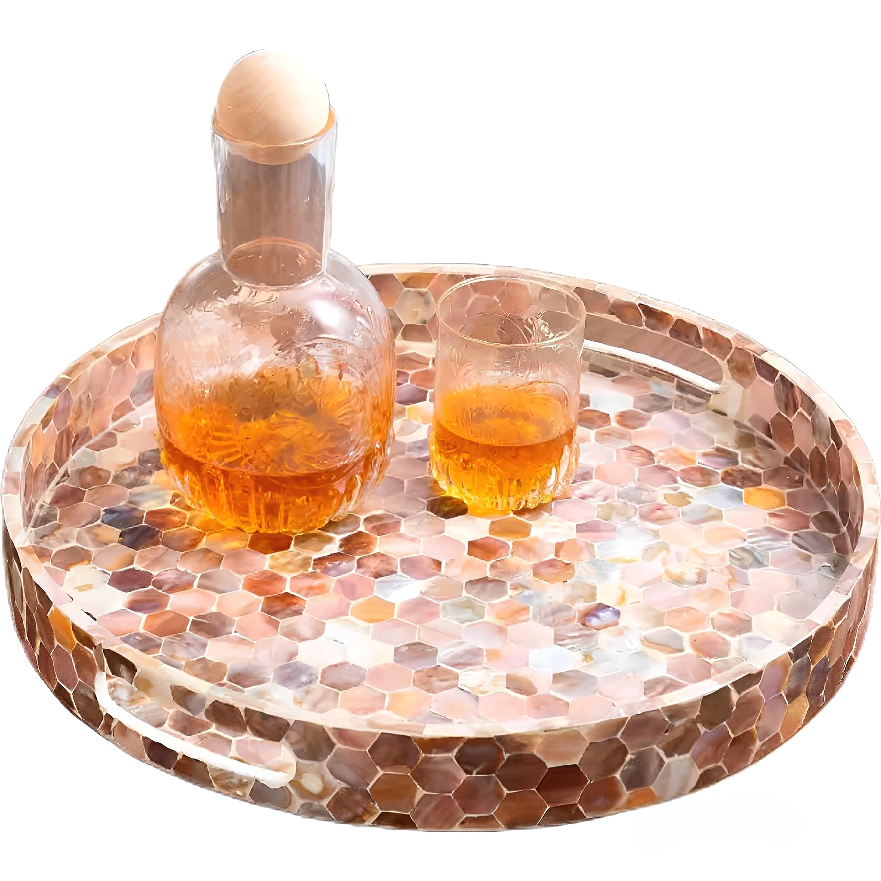 Photo 1 of i-lan Decorative Mosaic Home Serving Tray 14 Inch,Lacquer Mother of Pearl Inlay Decorative Tray with Handles,Round Wooden Marble Platter for Tea,Breakfast,Display
