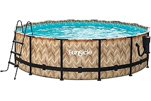 Funsicle 14' x 42" Oasis Designer Round Frame Outdoor Above Ground Swimming Pool Set with SkimmerPlus Filter Pump and Pool Cover, Oak Herringbone