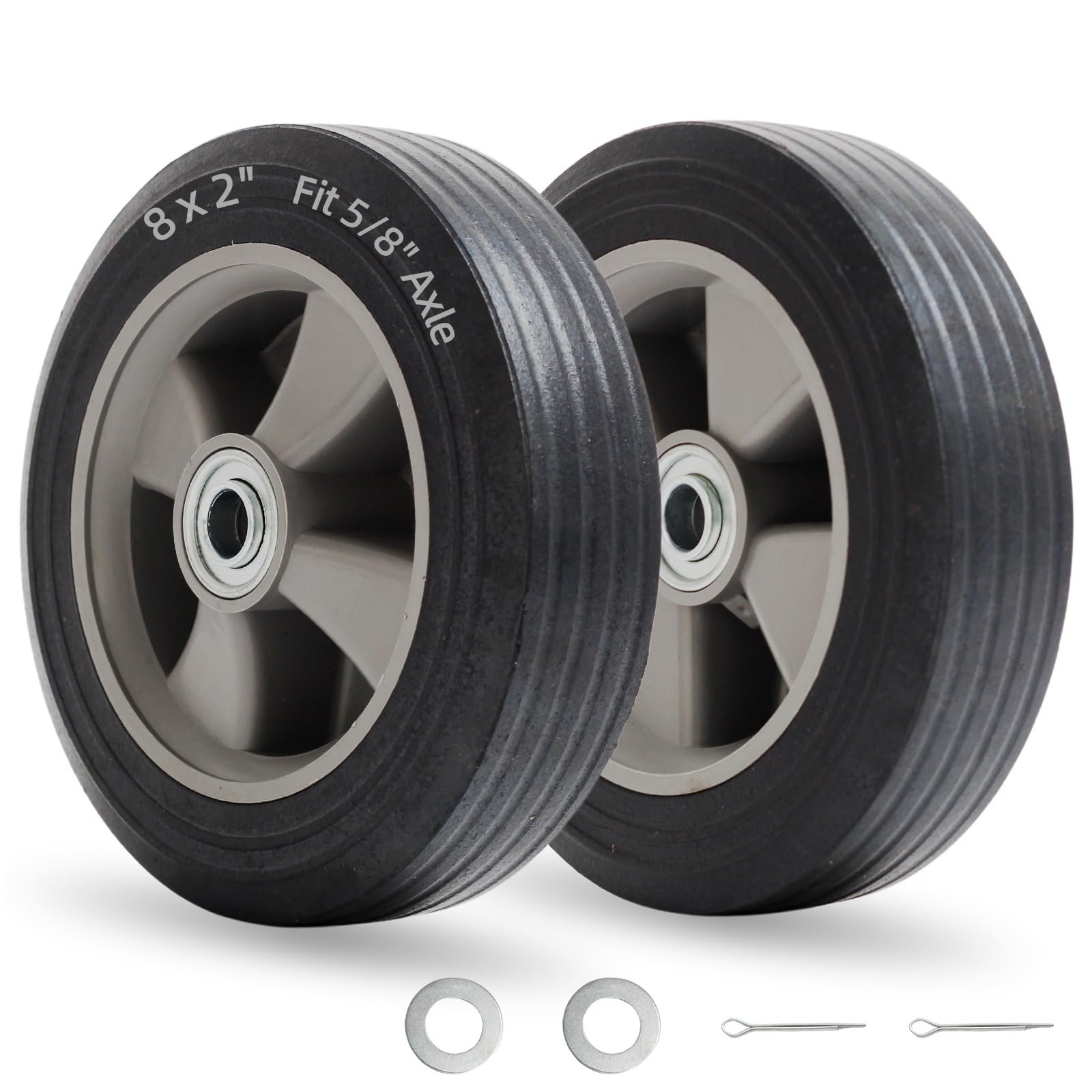 Photo 1 of GICOOL 8" x 2" Flat-Free Solid Rubber Tire and Wheel with Ball Bearings and 5/8" Axle Bore Hole, 2" Offset Hub, For Hand Truck Dolly Trolley Garden Wagon Cart Generator Replacement Tire, 2 Pack