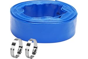 DERPIPE Lay-Flat Pool Backwash Hose - 1.5" x 25Ft Reinforced Heavy Duty PVC Discharge Hose Weather-Proof Vinyl Pool Drain Hose for Water Transfer with 2 clamps