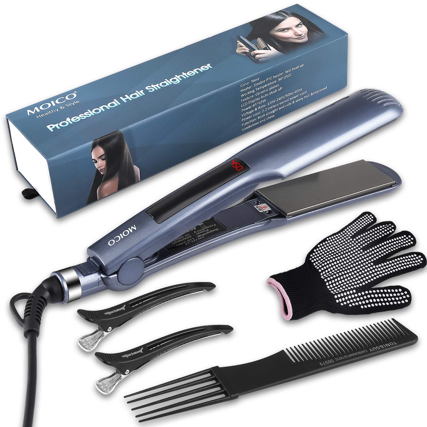 Hair Straightener,Professional Nano Titanium Plated Curler Hair Flat Iron 1¾" Styler Straightening Flat Iron with Digital LCD display