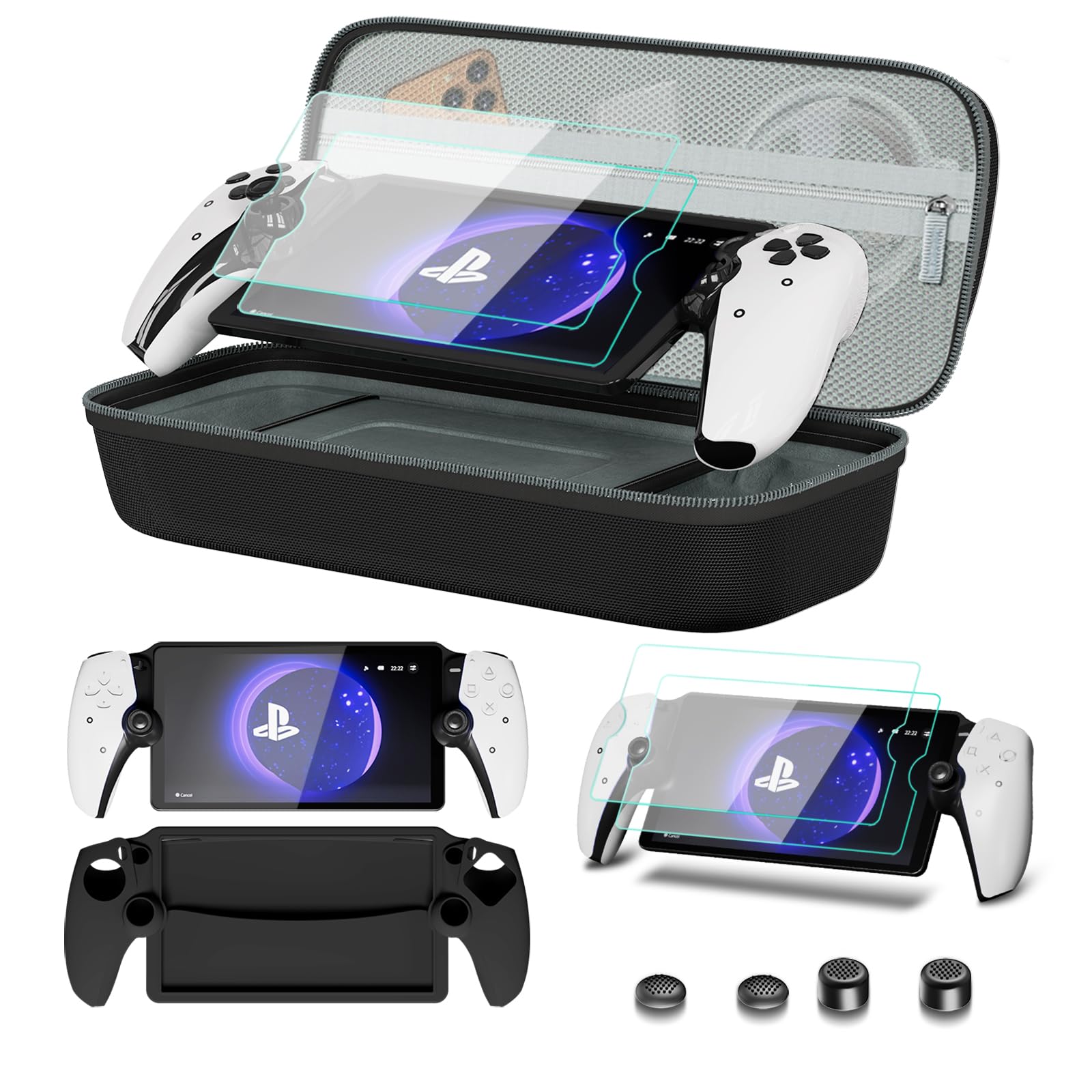 8 in 1 Accessories Compatible with Playstation Portal,Carrying Case for PS Portal,Soft Silicone Protective Cover for PS5 Portal,2 Screen Protector with 4 Thumb Grip (Black)