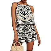 MakeMeChic Women's Tropical Print 2 Piece Sets Sleeveless Camisole Tank Tops and Shorts Boho Summer Set