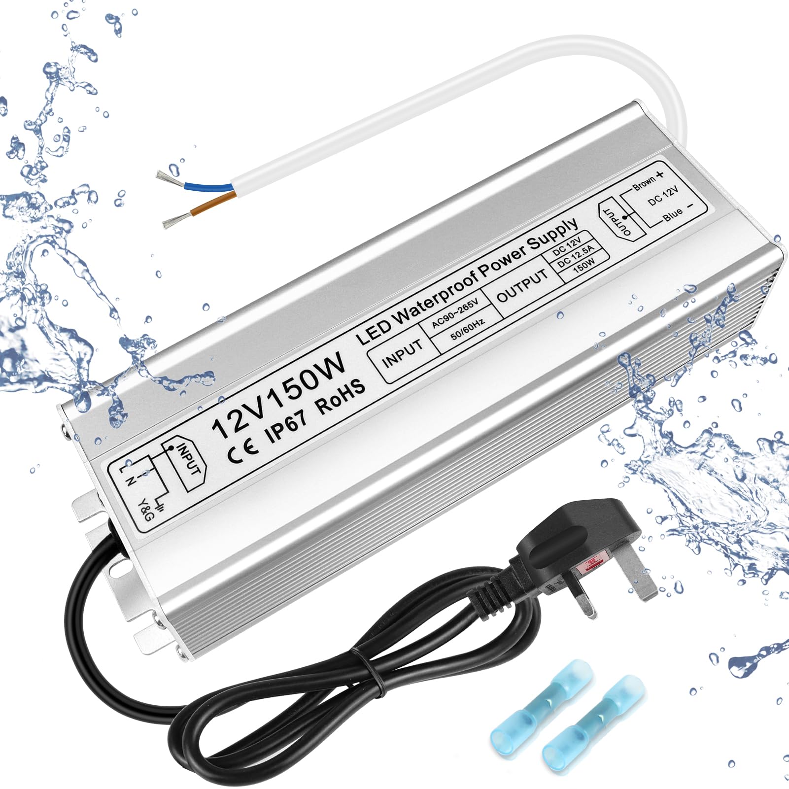 inShareplus LED Power Supply, 12V 150W IP67 Waterproof Outdoor Driver, AC 80-265V to DC 12V 12.5A Low Voltage Transformer, Adapter with 3-Prong Plug for LED Light, Computer Project, Outdoor Use