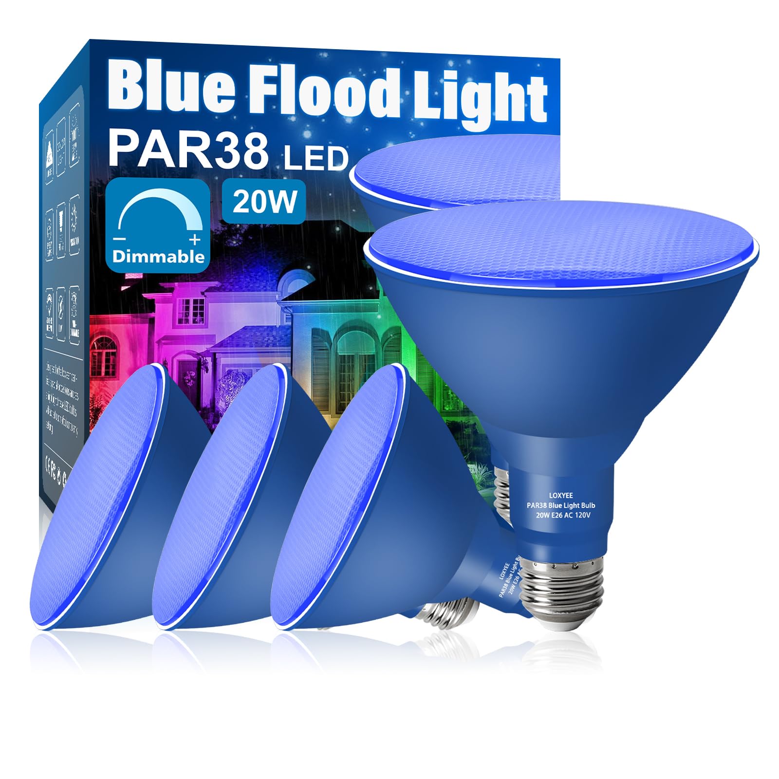 Photo 1 of LOXYEE PAR38 Flood Blue Light Bulbs,4 Pack Dimmable,E26 Base Blue Flood Light Outoor(20W Replace to 200W),Halloween Light Bulb for Outside,Christmas,Holiday Lighting