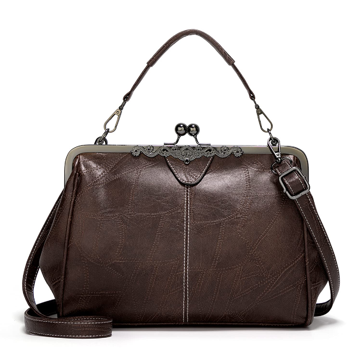 LUI SUI Women Retro Handbag, PU Leather Purse Vintage Top Handle Bag Kiss Lock Crossbody Shoulder Bag for Ladies