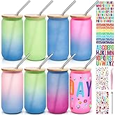 Yetene 8 Pcs 16 oz Plastic Cups with Lids and Straws Acrylic Mason Jars with Bamboo Lids Mason Jar tumblers with Sticker and Diamond for DIY Decorate Mugs Drinking for Water Beverage Beer(Colorful)