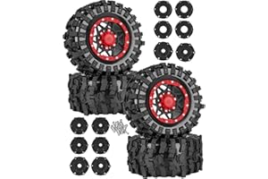 RCarmubWow 1/10 Scale RC Truck Tires,Wheels and Tires w/12/14/17MM Hex for Rustler Stampede Hoss,Arrm a Granite Vorteks Big Rock 3S,1/10 Off Road Tires Rubber Truck Tyres w/Foam Insert,Black w/Red