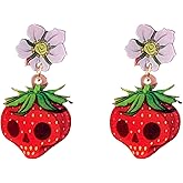 JDONL Summer Cute Fun Cartoon Earrings Gothic Punk Horror Acrylic Flower Strawberry Skull Stud Earrings for Women Unique Party Jewelry