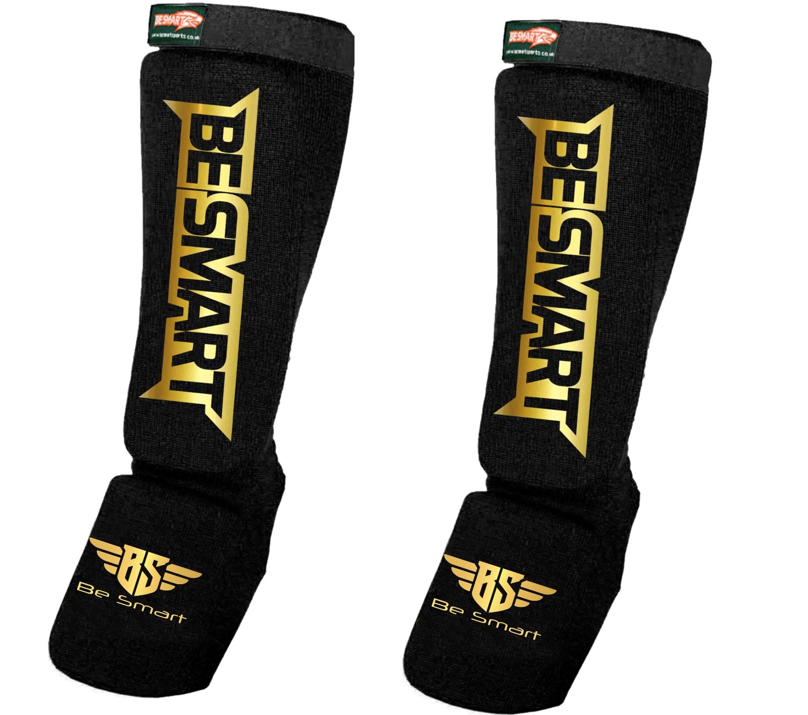 BeSmart Shin Instep Pads MMA Leg Foot Guards Muay Thai Kick Boxing Guard Protector (Black/Gold, Small)