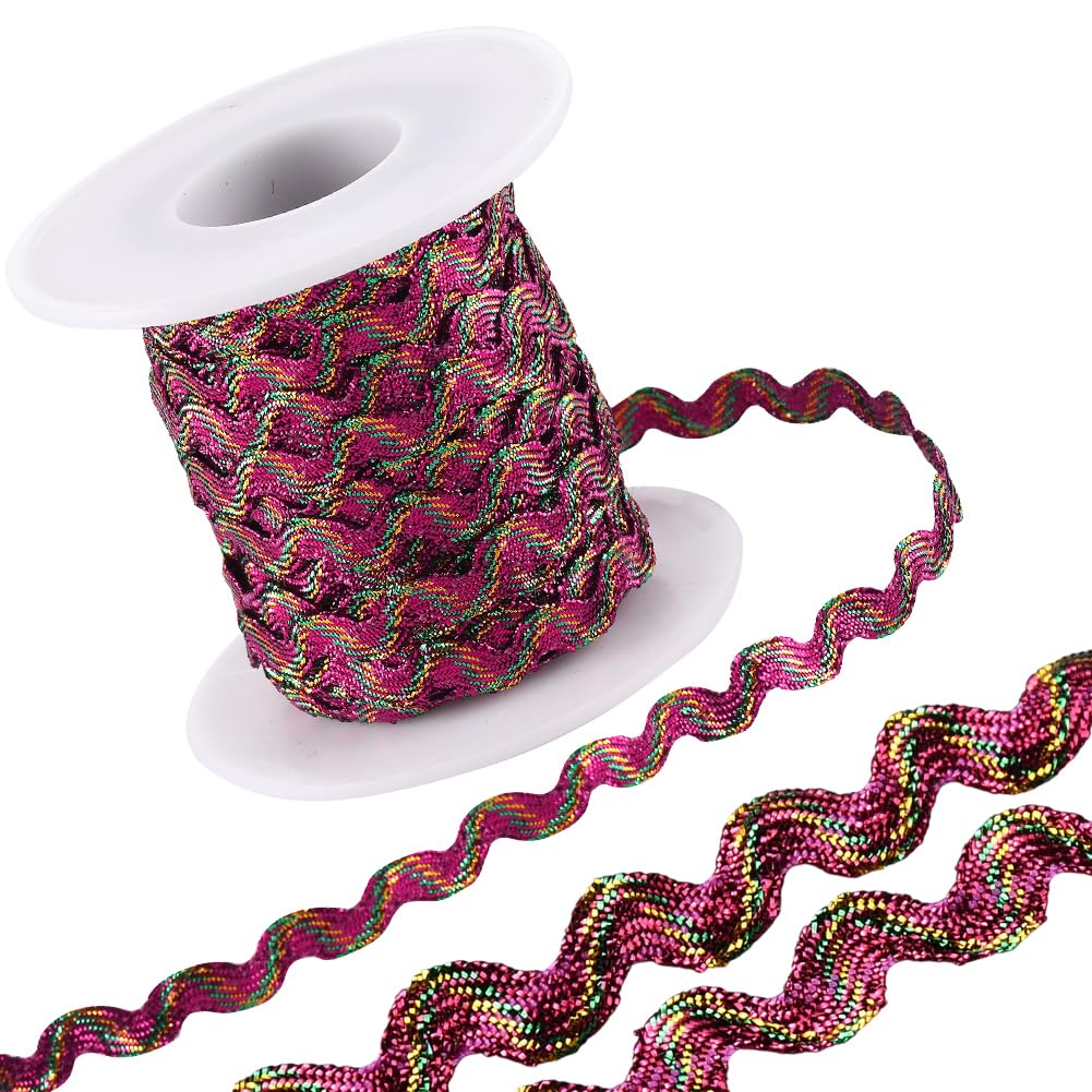GORGECRAFT 15m x 5mm RIC Rac Trim Wave Bending Fringe Trim Sparkle Braided Ribbon with Green Gold Metallic Wire Wavy Edge Lace Woven Webbing Fringe for DIY Crafts Embellishment Gift Wrapping, Fuchsia