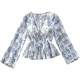 MakeMeChic Women's Floral Crop Tops V Neck Tie Front Ruffle Hem Long Sleeve Peplum Blouse