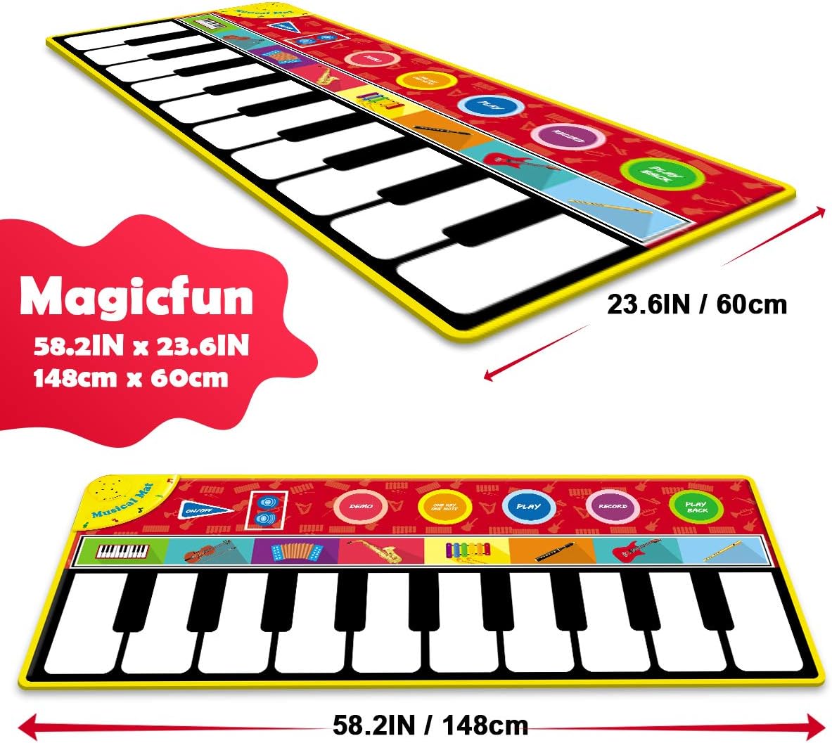 Magicfun Kids Musical Mat, Musical Piano Mat 8 Instrument Sounds 5 Play Modes with 3 AA Batteries and 1 Screwdriver Dance and Learn Mat for Boy Girl Toys 58.26" x 23.62": Toys & Games