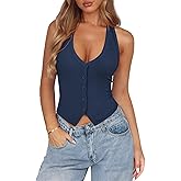 Pungdra Womens Button Down Tank Top for Women Ribbed Button Up Halter Fitted Vest Summer Sexy Trendy Cute Crop Going Out Tops