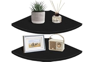 Homode Corner Floating Shelves, 12" Deep Corner Shelves Wall Mounted with Cord Hole, 2 Tier Curved Corner Hanging Shelving for Wall Storage, for Cable Box, TV Cords, Books, Plants, Black