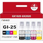 hehua Pigment GI-25 GX2020 Ink Refill Bottles Compatible for Canon 25 GI25 | work for Canon 25 GI-25 Ink Bottles use with Canon Maxify GX2020 GX1020 Megatank Printers 190ML (Black Cyan Magenta Yellow)