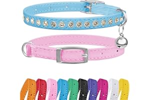 Petinstinct 2 Pack Cat Collars with Bells, Rhinestones Leather Cat Collar with Elastic Strap, Adjustable Bling Diamond Cat Collar for Girl Boy Kitten, 7.5" - 11.5", Pink and Blue