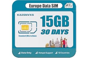 KAISNVXS Plug and Play Prepaid SIM Card for Europe Travel - EU 15GB Data SIM Card for 30 Days in 52 Countries, 5G/4G LTE High Speed Data Network, No Need Activation, Hotspot Support,Data Use Only
