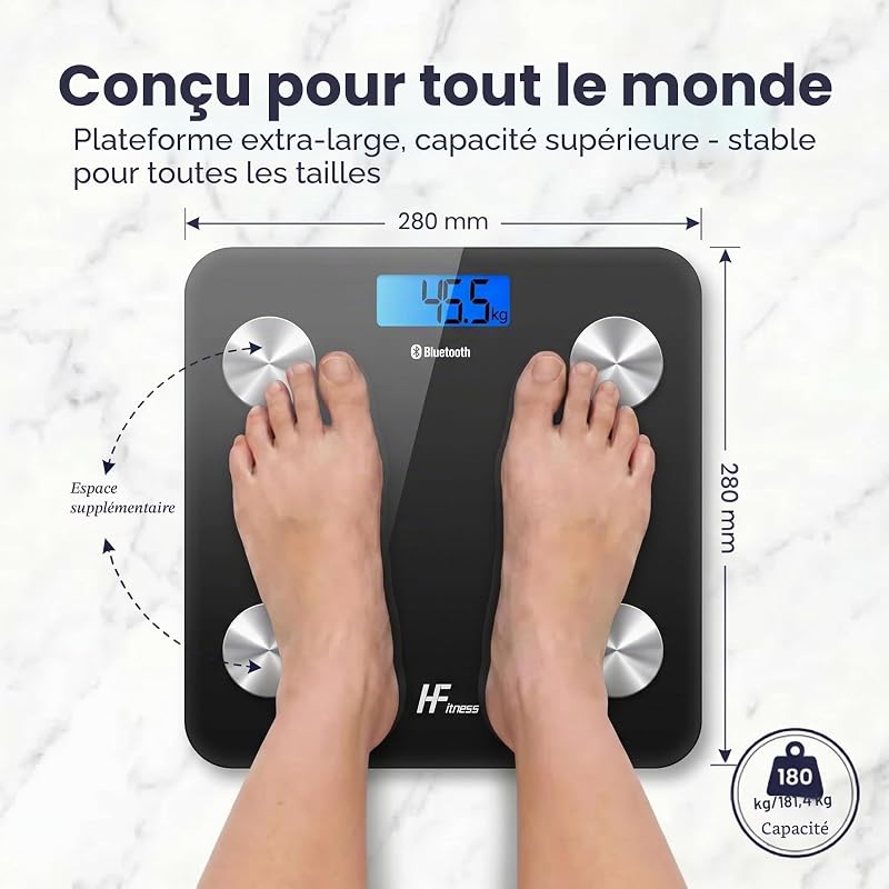HFitness Balance Pèse-Personne Connectée 28×28 cm avec 19 Mesures Corporelles, Impédancemètre Bluetooth avec Application, IMC, Graisse Corporelle, Masse noire Musculaire et Masse Osseuse