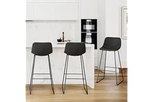 LUE BONA Alexander Indoor Industrial Faux Leather Bar Stools Set of 3,Urban Armless Dining Chairs with Metal Legs, Modern Counter Height Barstools for High Table Kitchen Island Chair 30",Black