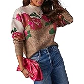 Women's Flower Sweater Crew Neck Casual Long Sleeve Drop Shoulder Pullover Sweaters Knit Top