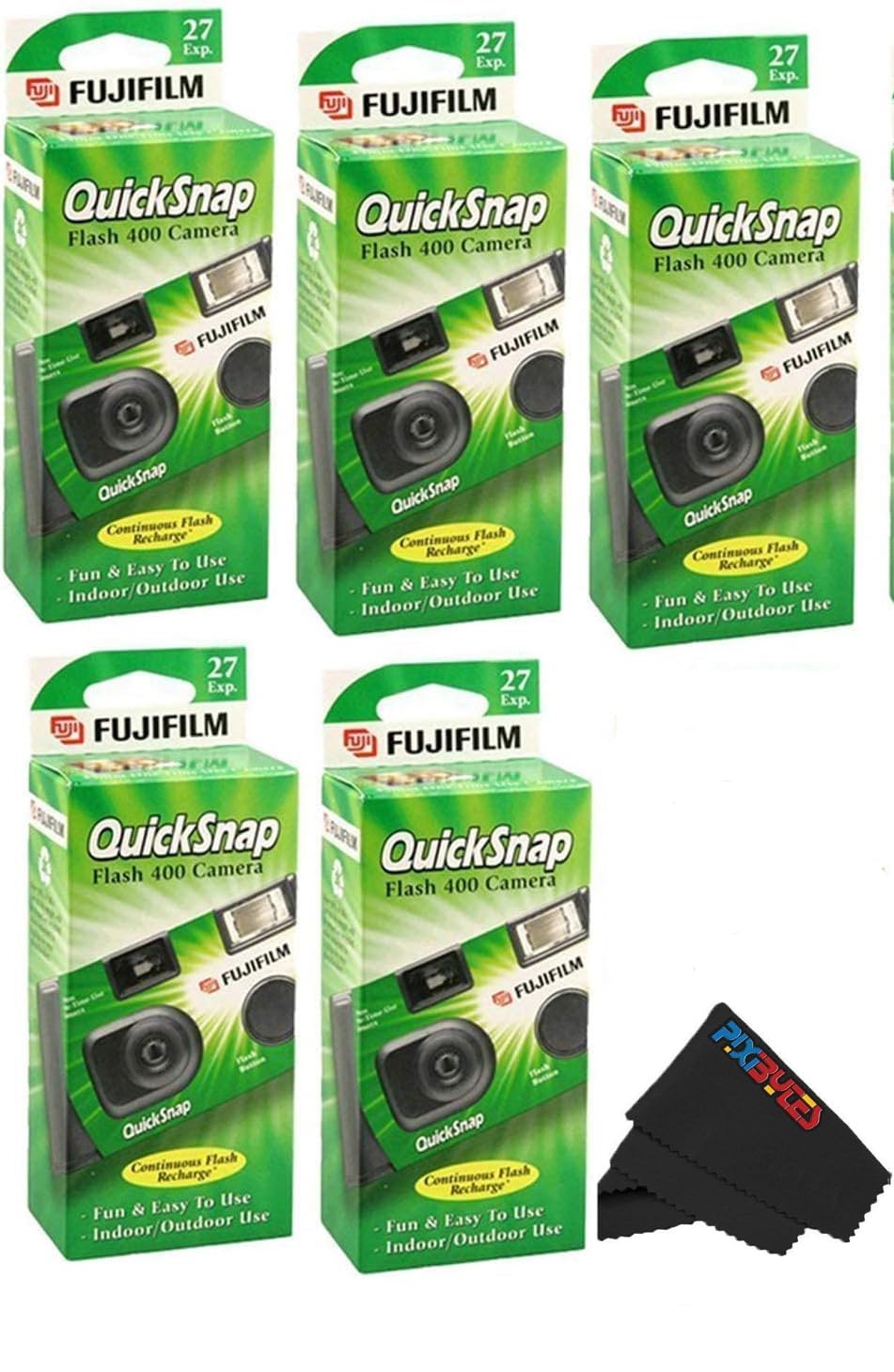 Fujifilm QuickSnap Flash 400 Disposable 35mm Camera with PixiBytes Microfiber Cleaning Cloth... (5 Packs (2 Twin /1 Single Pack)) Image