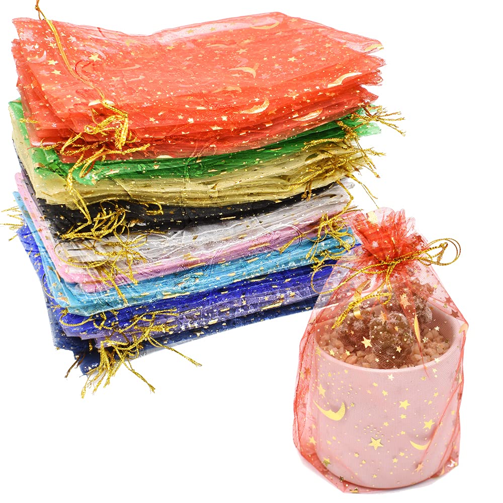 Photo 1 of HDST-HOME 100 Pcs Moon Star Organza Gift Bag Jewelry Bags with Drawstring Candy Pouch Lavender Favor Mesh Bags Wedding Christmas Party, 5x7 Inches (10 Color)