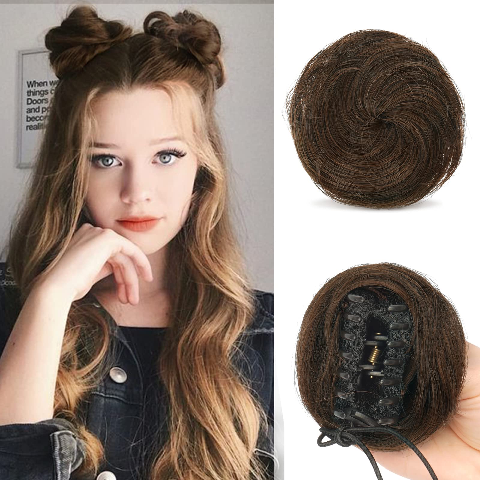 Sofeiyan 2PCS Mini Claw Clip in Hair Bun Messy Cat Ears Hair Bun Extension Synthetic Donut Wig Accessory Updo Space Bun Hair Pieces for Women Girls, Darkest Brown & Light Auburn Mixed