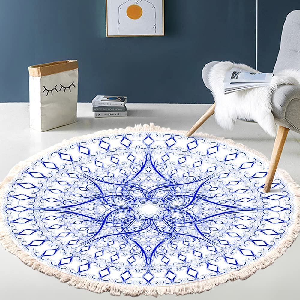 Vintage Boho Cotton Rugs, Mandala Pattern, Washable Hand Woven Bohemian Round Rug with Tassels for Bedroom, Hallway, Living Room, Coffee Table, Doormats, Machine Washable, 120 cm, Flowers #10 — image 1