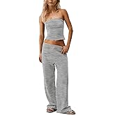 MSBESYOR Women Sailor Tube Top Set 2 Piece Outfits Striped Strapless Bandeau Low Waist Wide-Leg Pants Lounge Sets
