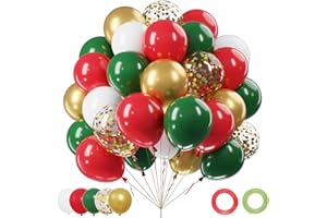 NETNOLOGY Christmas Red Green Gold Balloons Set, 60Pcs 12 Inch Red Green White Metallic Gold Confetti Latex Balloon Kit for Christmas Grinch Birthday Party Decorations