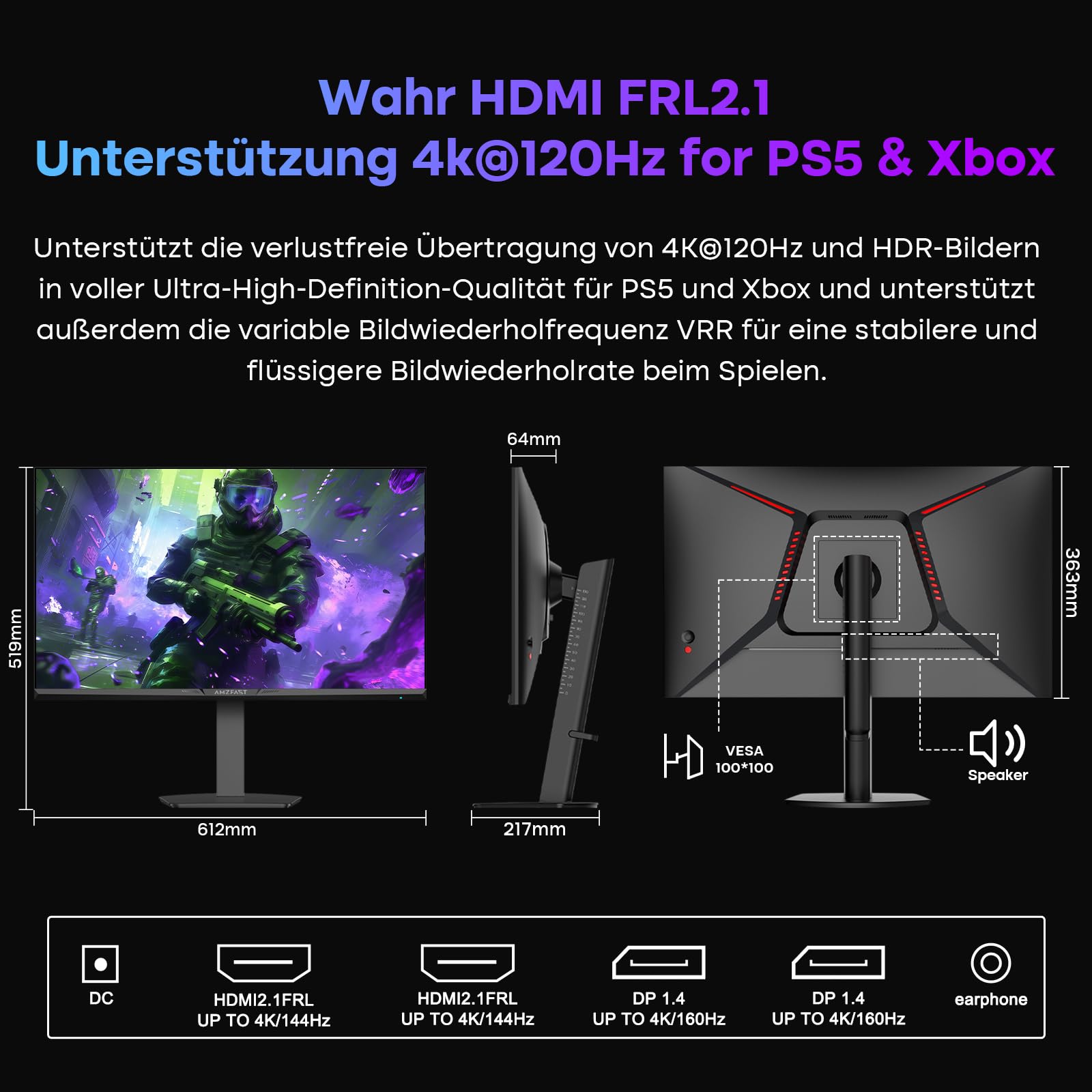 Amzfast Gaming Monitor 27 Zoll 4K mit Dual-Mode, UHD 160Hz/FHD 320Hz, Fast IPS Monitor, 1ms MPRT, Höhenverstellbar, HDR 400, sRGB 126%, HDMI 2.1, DP 1.4, PBP/Pip, Adaptive Sync - AMZG27F6U 9