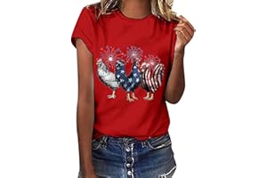 USCHARM Womens 4th of July Shirt Red White and Blue Fireworks Chicken Patriotic Tees USA Flag Rooster Independence Day Tops