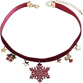 Decixde Christmas Choker Necklace Cute Red Velvet Snowflake Star Reindeer Pendant Necklace for Women Xmas New Year Party Holiday Fashion Jewelry