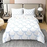 Feelyou Blue Bow Print Comforter Cover Set Cute Bowknot 100% Cotton Duvet Cover,No Comforter for Kids Boys Girls Ribbon Bow Bedding Set Blue Bow Quilt Cover Room Full Size