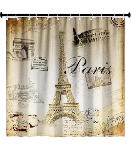 Eiffel Tower Shower Curtain – Vintage Paris Red Rose Floral Design, Fabric With Hooks, Bathroom Decor