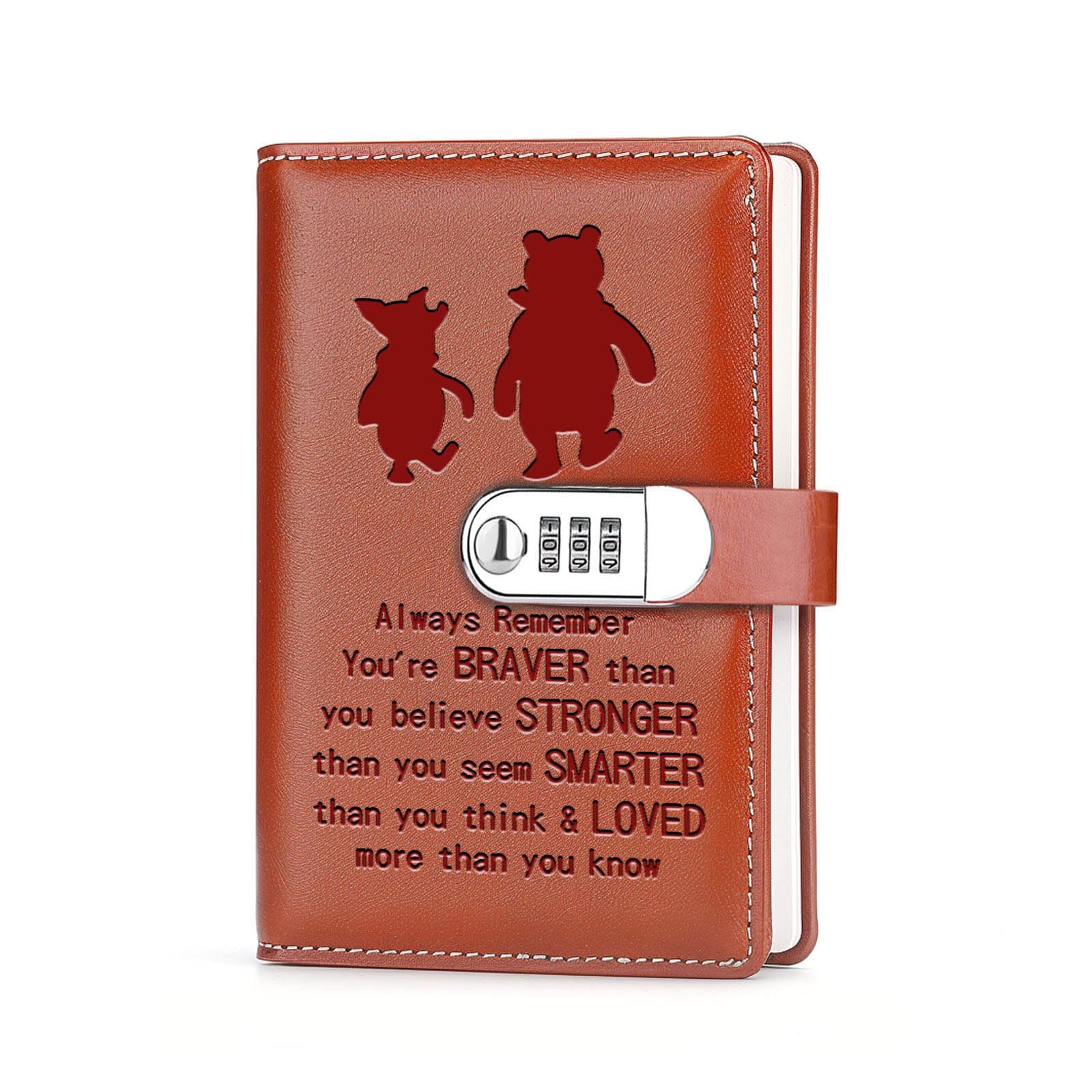 Photo 1 of JOHSBYD Pooh Bear Leather Combination Lock Notebook Always Remember You’re Braver Than You Believe Journal Combination Lock Notebook Birthday Gifts for Son Daughter (always remember)