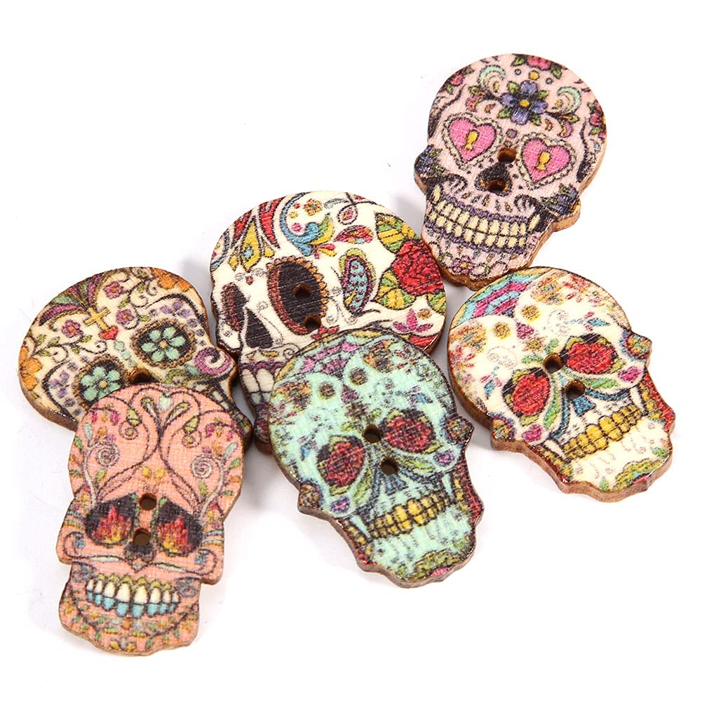 50 Wooden Skull Buttons for DIY Crafts and Clothing Decoration (Mixed Style 1)