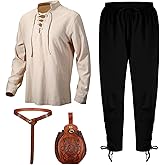 Xtinmee 4 Pcs Halloween Men Renaissance Costume Set Medieval Pirate Viking Costume Shirt Pant Belt Bag for Cosplay